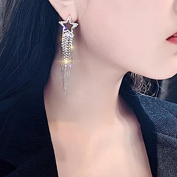 Silver Rhinestone 18k White GP Star Tassel Earrings - Picture 2 of 5